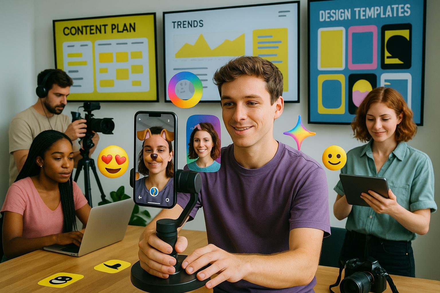 Junge Kreative in einem dynamischen Social Media Studio arbeiten mit Kameras, Laptops und Smartphones, kreative Filter und AR-Prototypen schweben um sie herum, Bildschirmmonitore zeigen Trendanalysen und Content-Planung. Credit: Tobias Hager, 404 Magazine