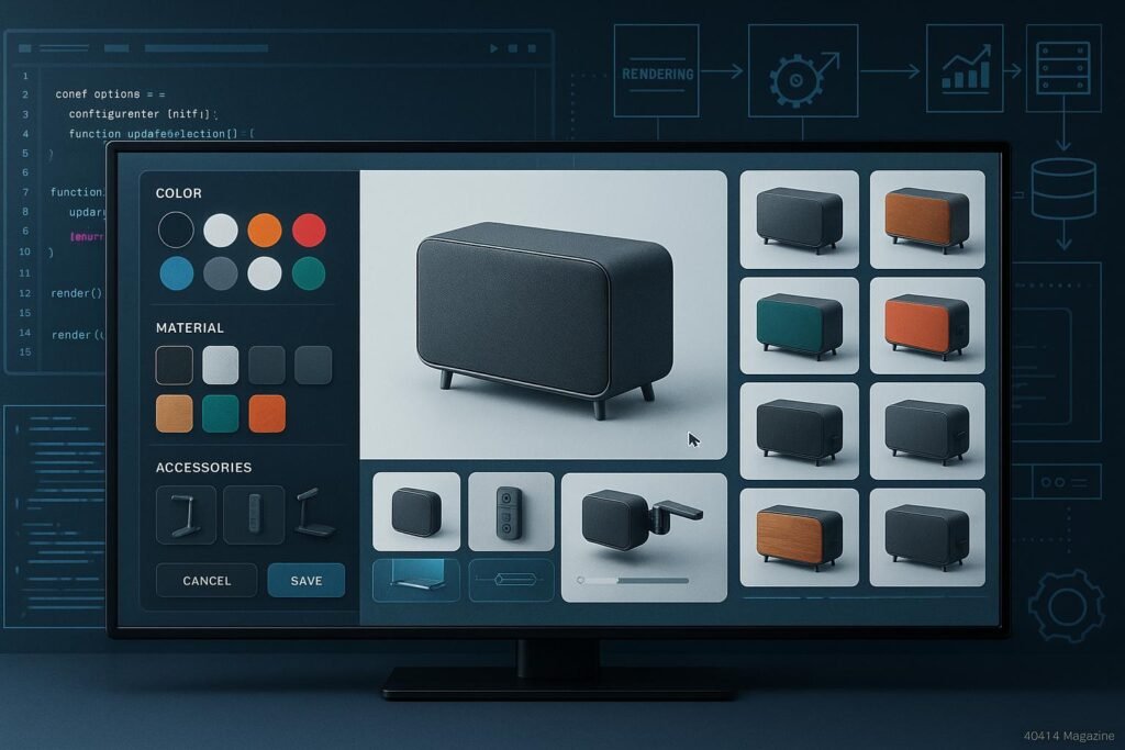 Modernes Konfigurator-Interface mit Produktvarianten und Entwicklungsumgebung, inklusive 3D-Darstellungen und technischen Details