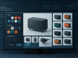 Modernes Konfigurator-Interface mit Produktvarianten und Entwicklungsumgebung, inklusive 3D-Darstellungen und technischen Details