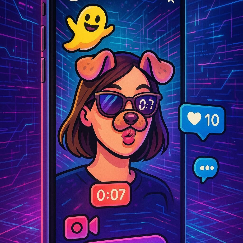 Modernes Snapchat-Storyboard mit Smartphone, AR-Filter, Stickern, Datenströmen und Social-Icons in Neon- und Pastellfarben, präsentiert auf einer technischen Netzwerk-Hintergrund.