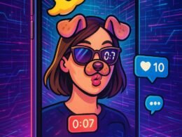 Modernes Snapchat-Storyboard mit Smartphone, AR-Filter, Stickern, Datenströmen und Social-Icons in Neon- und Pastellfarben, präsentiert auf einer technischen Netzwerk-Hintergrund.