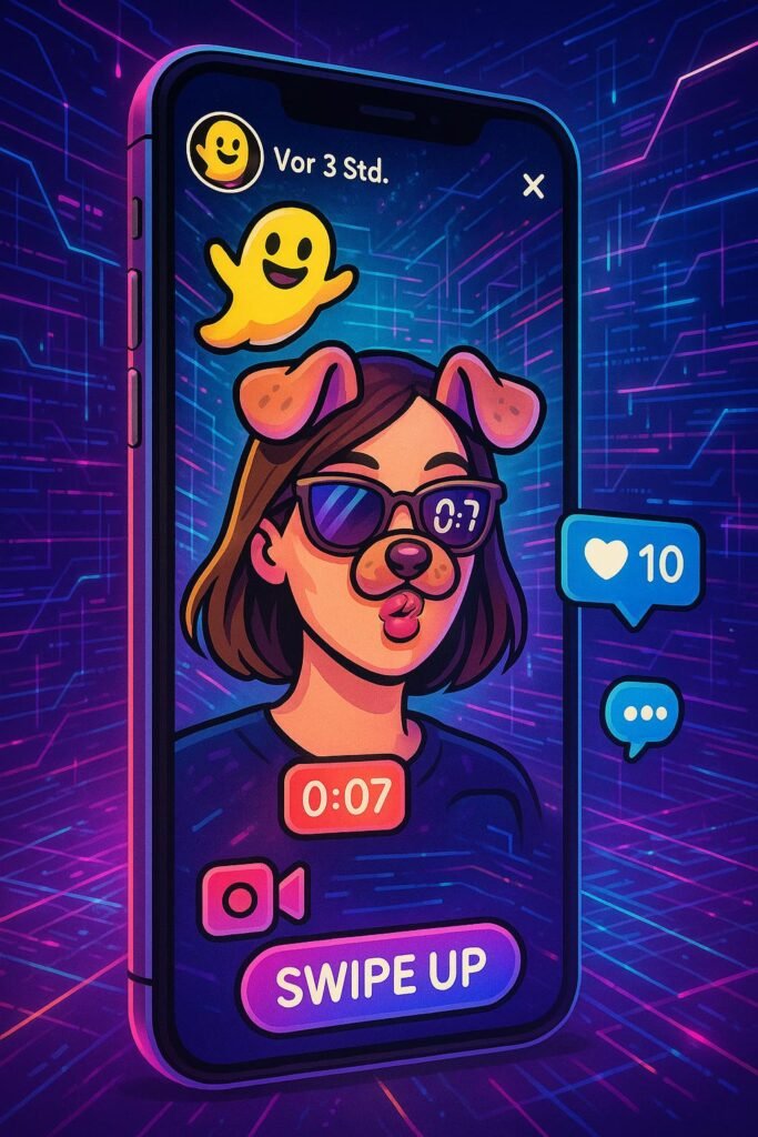 Modernes Snapchat-Storyboard mit Smartphone, AR-Filter, Stickern, Datenströmen und Social-Icons in Neon- und Pastellfarben, präsentiert auf einer technischen Netzwerk-Hintergrund.
