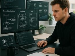 Moderner Arbeitsplatz eines Webentwicklers mit Monitoren, die Programmcode, Serverarchitekturen und SEO-Analysen zeigen, umgeben von Notizbüchern, Kaffee und digitalen Tools.