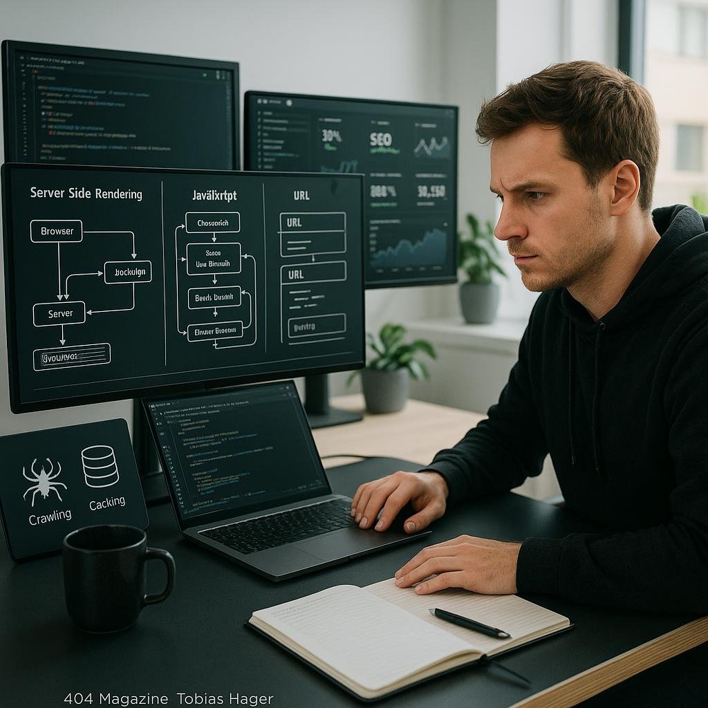 Moderner Arbeitsplatz eines Webentwicklers mit Monitoren, die Programmcode, Serverarchitekturen und SEO-Analysen zeigen, umgeben von Notizbüchern, Kaffee und digitalen Tools.