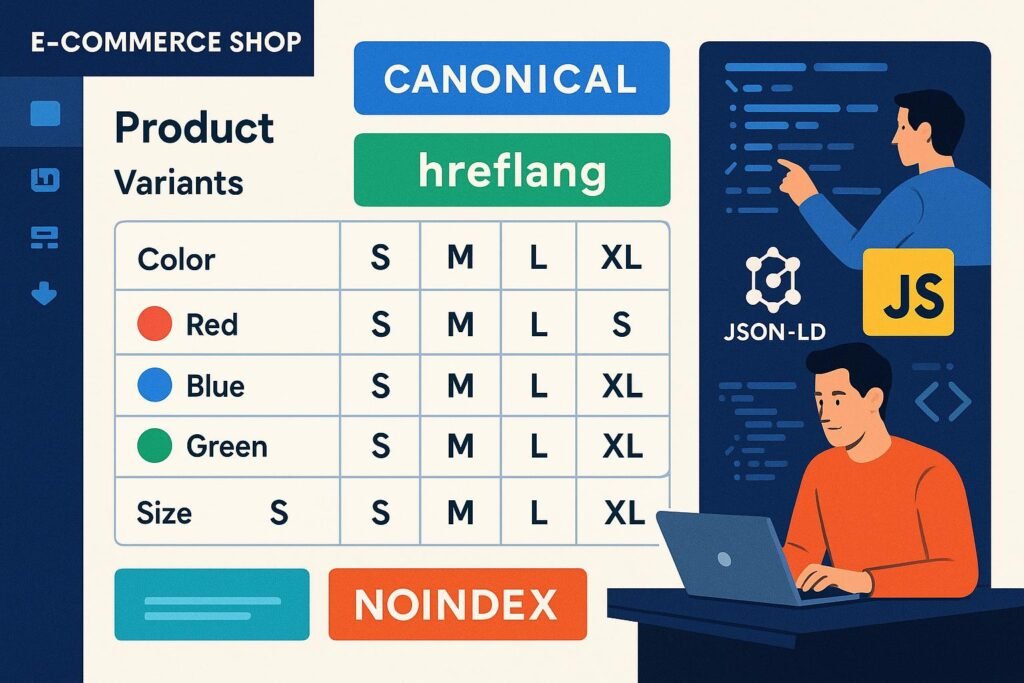 Backend eines E-Commerce-Shops mit Farb- und Größenvarianten, technischen SEO-Elementen und Entwicklern im Hintergrund
