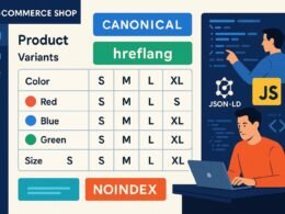 Backend eines E-Commerce-Shops mit Farb- und Größenvarianten, technischen SEO-Elementen und Entwicklern im Hintergrund