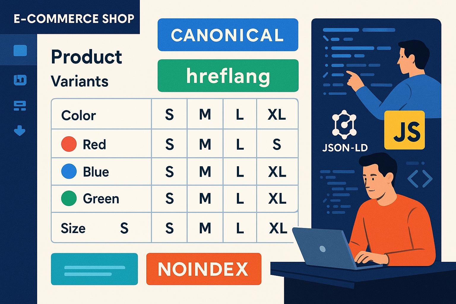 Backend eines E-Commerce-Shops mit Farb- und Größenvarianten, technischen SEO-Elementen und Entwicklern im Hintergrund