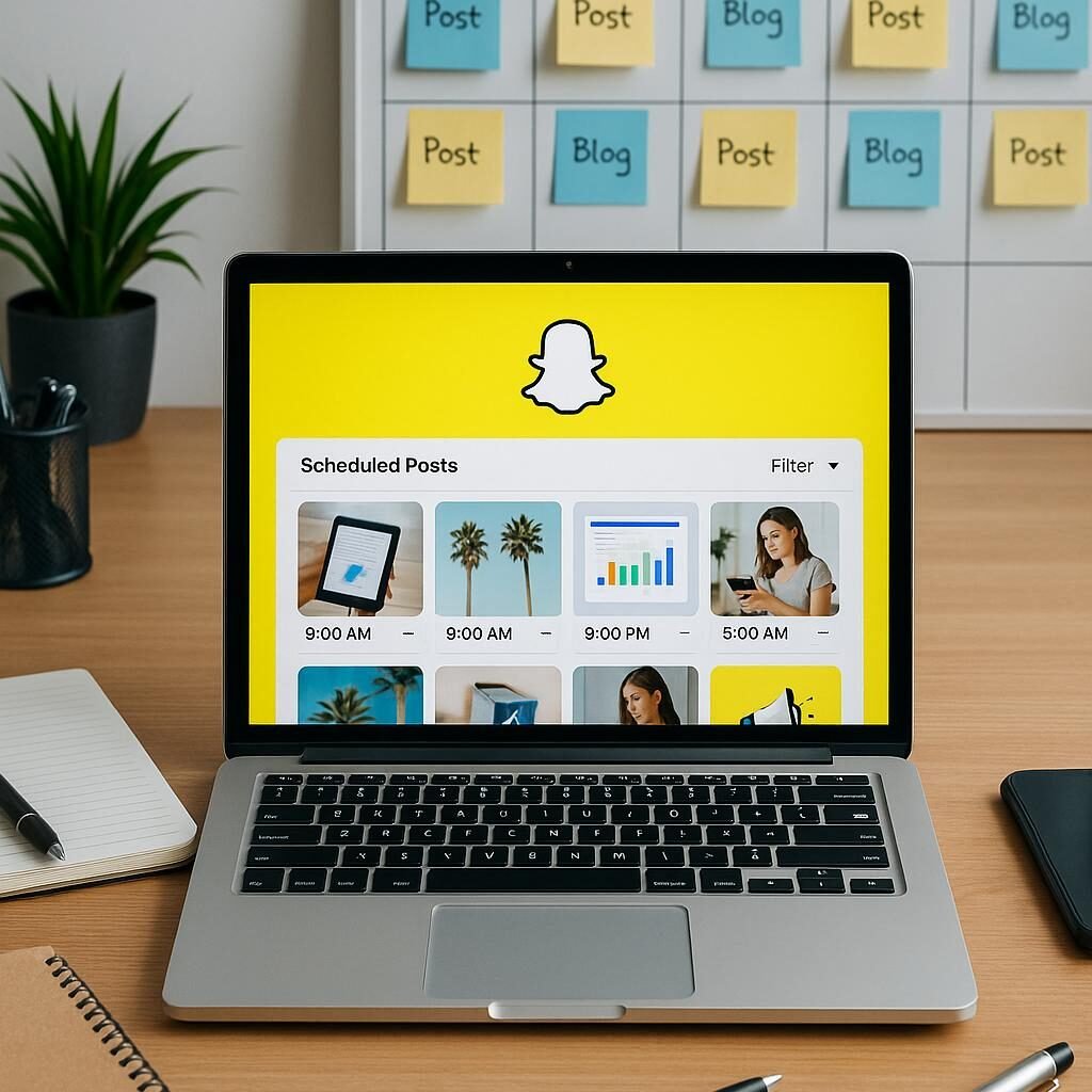 Moderner Büroarbeitsplatz mit Laptop und Social-Media-Planung, Whiteboard mit Content-Tagesplänen im Hintergrund, umgeben von Notizblöcken und Stiften