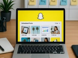 Moderner Büroarbeitsplatz mit Laptop und Social-Media-Planung, Whiteboard mit Content-Tagesplänen im Hintergrund, umgeben von Notizblöcken und Stiften