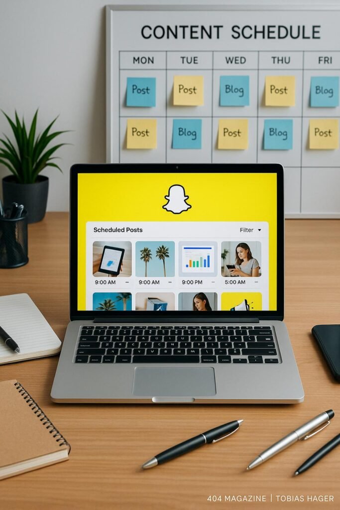 Moderner Büroarbeitsplatz mit Laptop und Social-Media-Planung, Whiteboard mit Content-Tagesplänen im Hintergrund, umgeben von Notizblöcken und Stiften