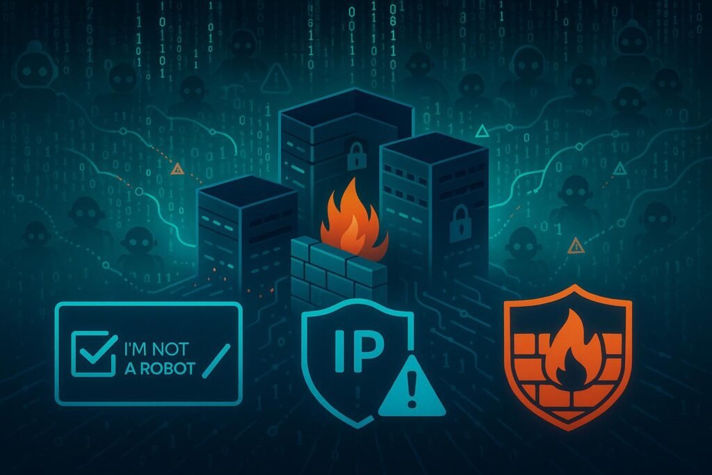 Gedankenbild eines digitalen Sicherheitsraums mit Firewalls, Verschlüsselung, Datenströmen und Botnetzen, die Cyberangriffe abwehren