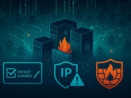 Gedankenbild eines digitalen Sicherheitsraums mit Firewalls, Verschlüsselung, Datenströmen und Botnetzen, die Cyberangriffe abwehren