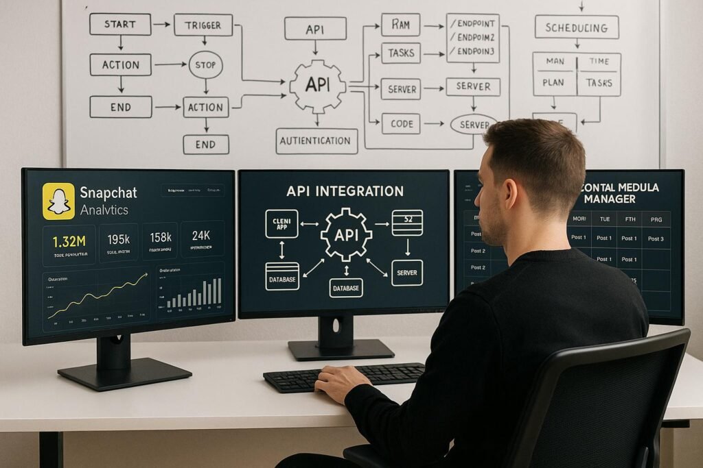 Moderner Arbeitsplatz mit Monitoren, die Snapchat-Analysen, API-Diagramme und Inhaltskalender anzeigen, sowie Whiteboard mit Automatisierungsdiagrammen, präsentiert einen Social Media Manager.