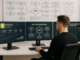 Moderner Arbeitsplatz mit Monitoren, die Snapchat-Analysen, API-Diagramme und Inhaltskalender anzeigen, sowie Whiteboard mit Automatisierungsdiagrammen, präsentiert einen Social Media Manager.