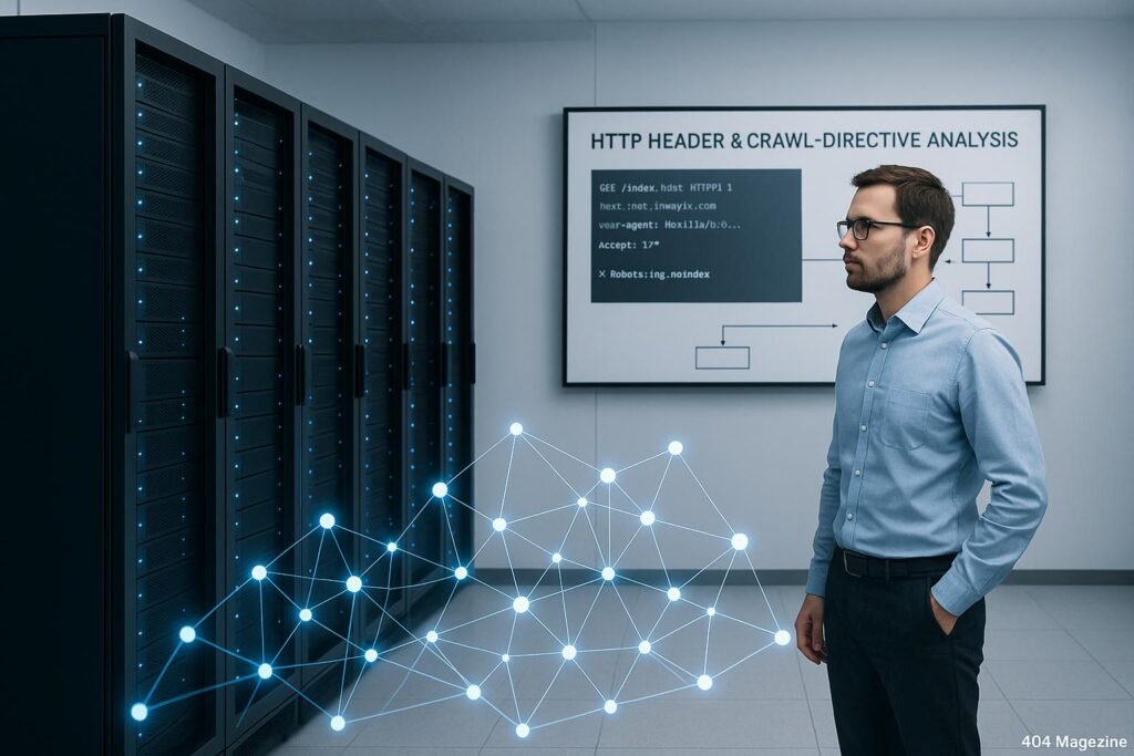 Moderner Serverraum mit schwarzen Serverracks, blauen LED-Lichtern und holografischer Netzwerk-Darstellung, Fachmann analysiert HTTP-Header auf großem Bildschirm, professionelles, sauberes Design