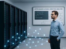 Moderner Serverraum mit schwarzen Serverracks, blauen LED-Lichtern und holografischer Netzwerk-Darstellung, Fachmann analysiert HTTP-Header auf großem Bildschirm, professionelles, sauberes Design