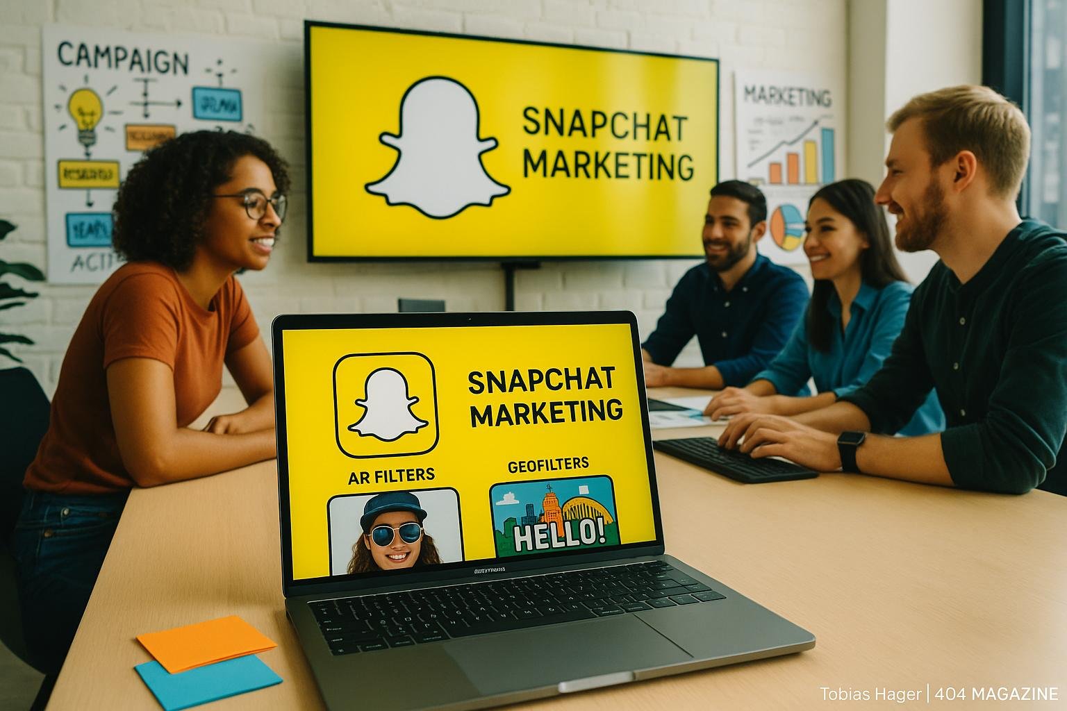 Ein modernes Büro, in dem Marketern vor einem großen Bildschirm bei der Entwicklung von Snapchat-Marketingstrategien arbeiten, mit Laptop und kreativen Inhalten im Vordergrund.