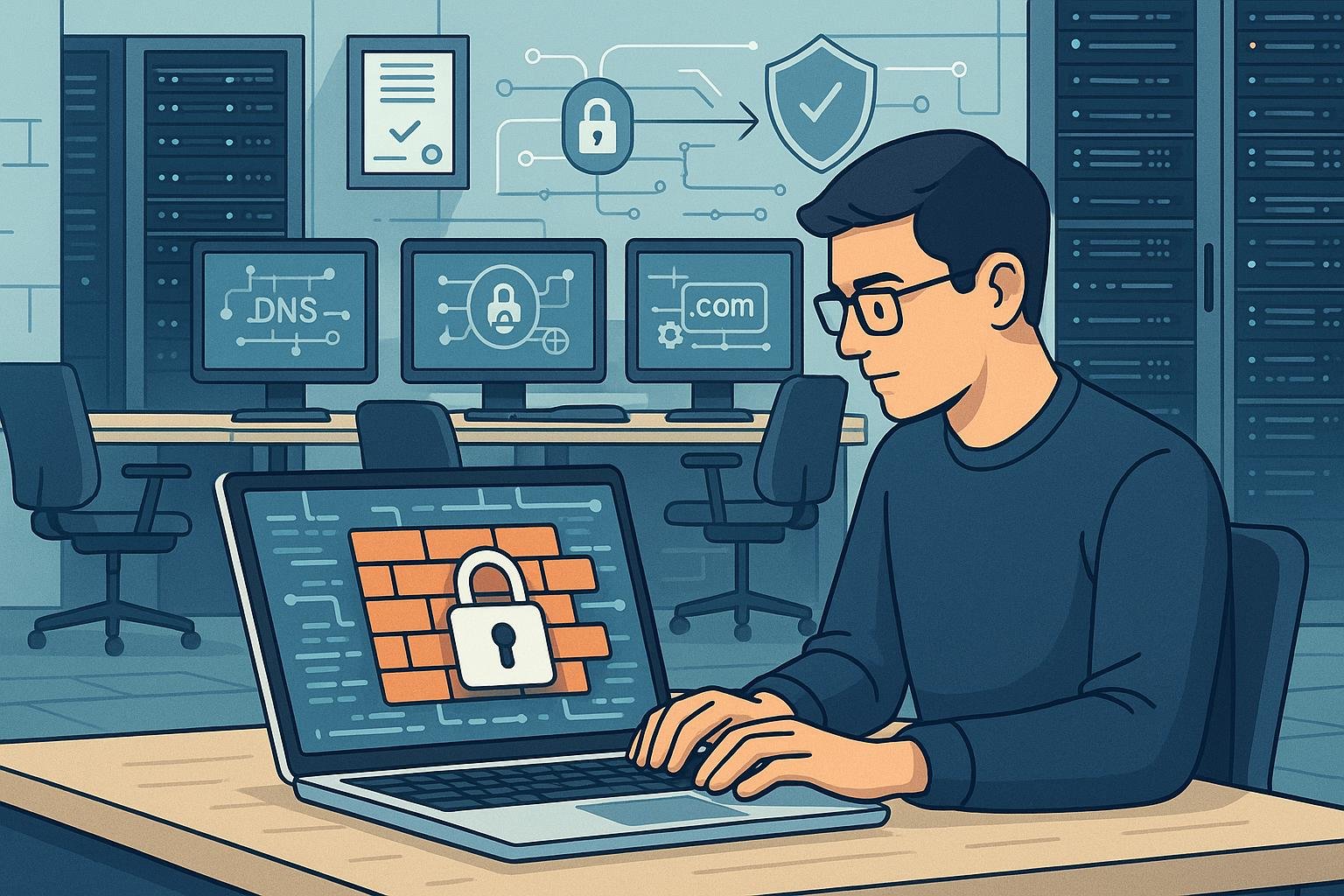Entwickler überprüft digitale Schutzmauer aus Codes und Schloss-Icons vor Serverräumen mit Sicherheitszertifikaten und Firewall-Symbolen
