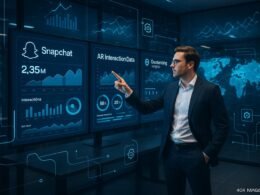 Futuristisches Büro mit großen Monitoren, Datenvisualisierungen, holographischen Grafiken und einem Marketer im Business-Outfit, der auf die Bildschirme zeigt.