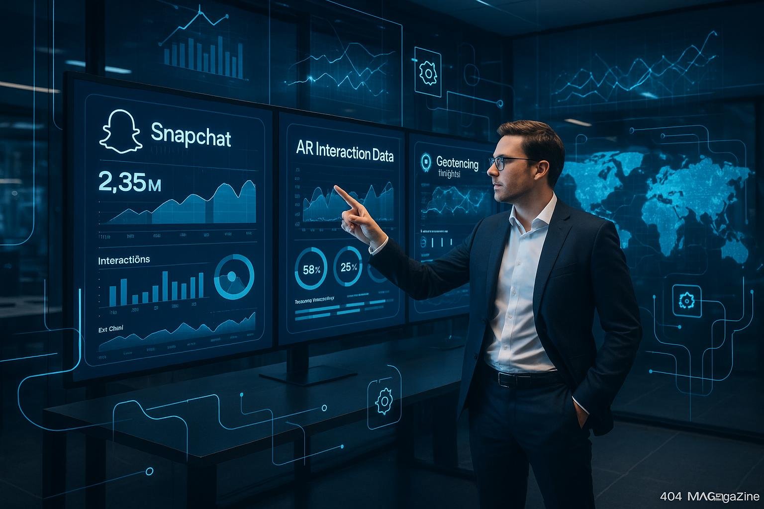 Futuristisches Büro mit großen Monitoren, Datenvisualisierungen, holographischen Grafiken und einem Marketer im Business-Outfit, der auf die Bildschirme zeigt.