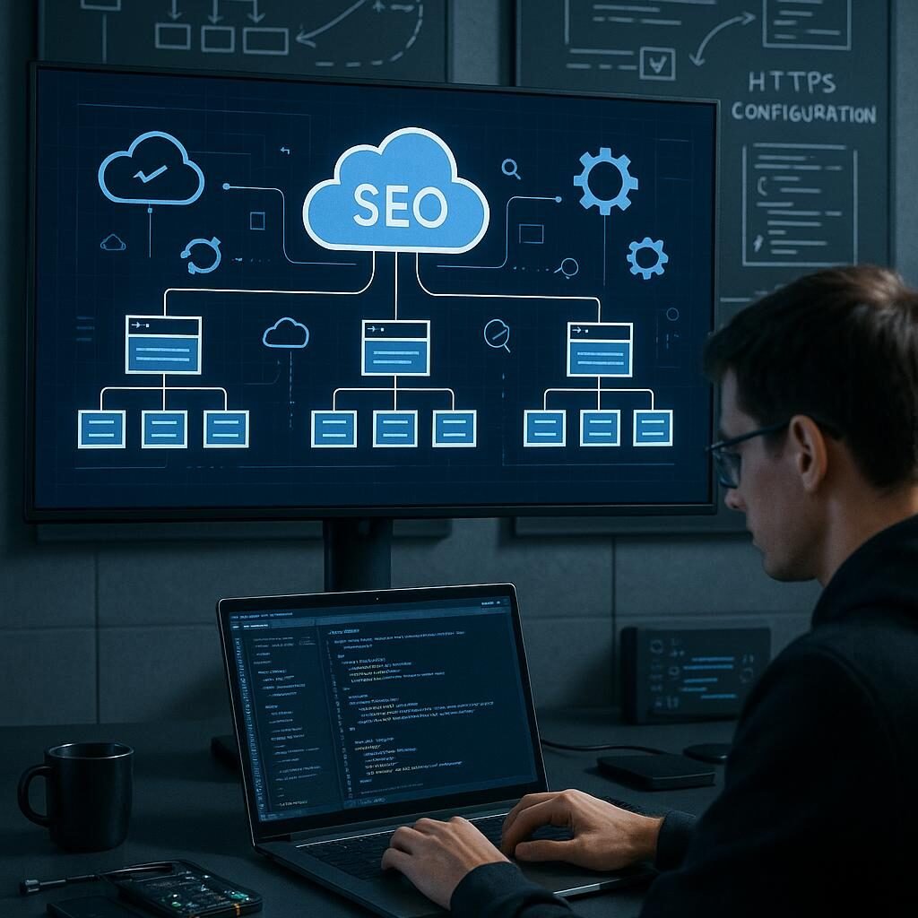 Modernes Büro mit großem Bildschirm, der komplexe SEO-Architektur und Cloud-Symbole zeigt, mit einer Person, die an einem Laptop arbeitet, umgeben von technischen Tools und Strategiebrettern.