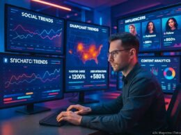 Social-Media-Analyst vor mehreren Monitoren mit Echtzeit-Datenvisualisierungen, Trend-Dashboards und Snapchat-Trend-Heatmap in einer modernen, digitalen Arbeitsumgebung, hinter Influencer-Profilen und Content-Analysen