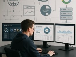 Moderner Arbeitsplatz mit mehreren Monitoren, die SEO-Tools, Webseiten und Diagramme im Hintergrund zeigen, fokusierte Person bei der Datenanalyse, Credit: 404 Magazine (Tobias Hager)