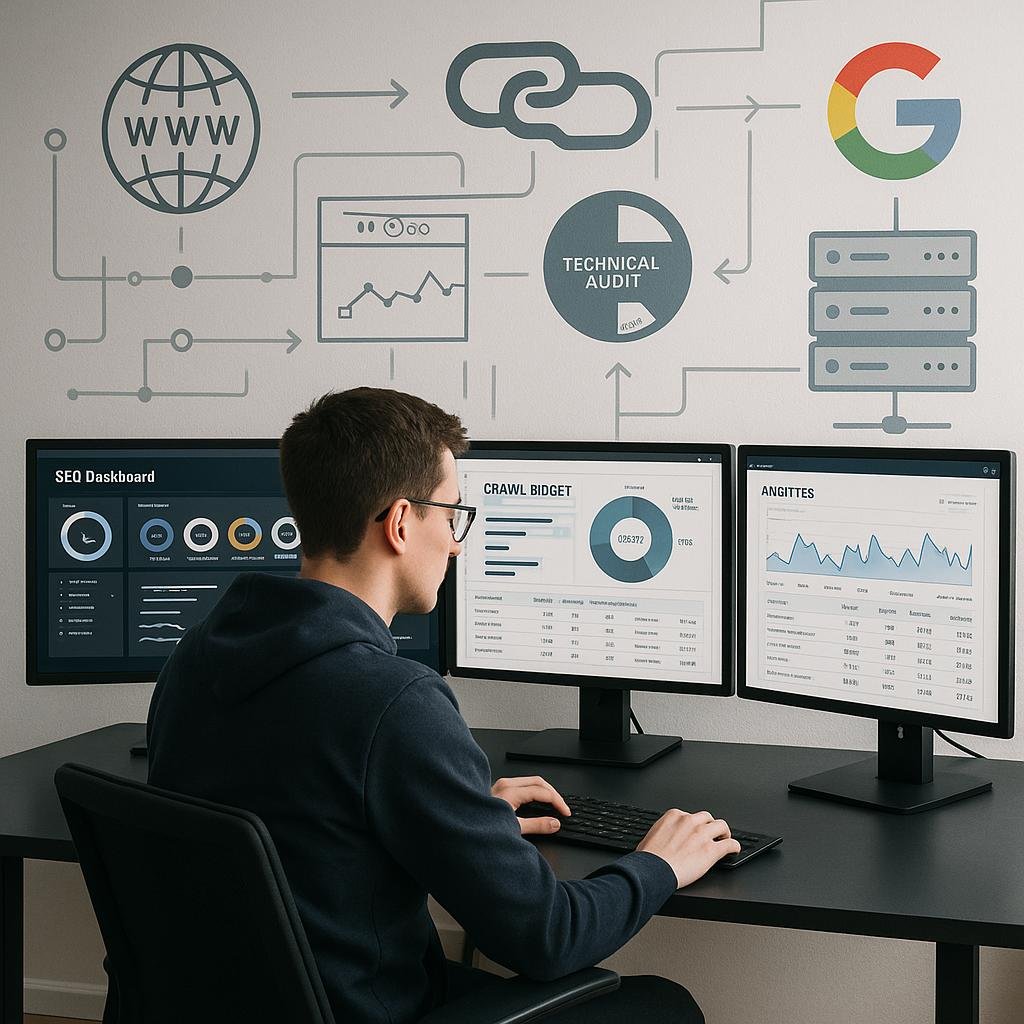 Moderner Arbeitsplatz mit mehreren Monitoren, die SEO-Tools, Webseiten und Diagramme im Hintergrund zeigen, fokusierte Person bei der Datenanalyse, Credit: 404 Magazine (Tobias Hager)