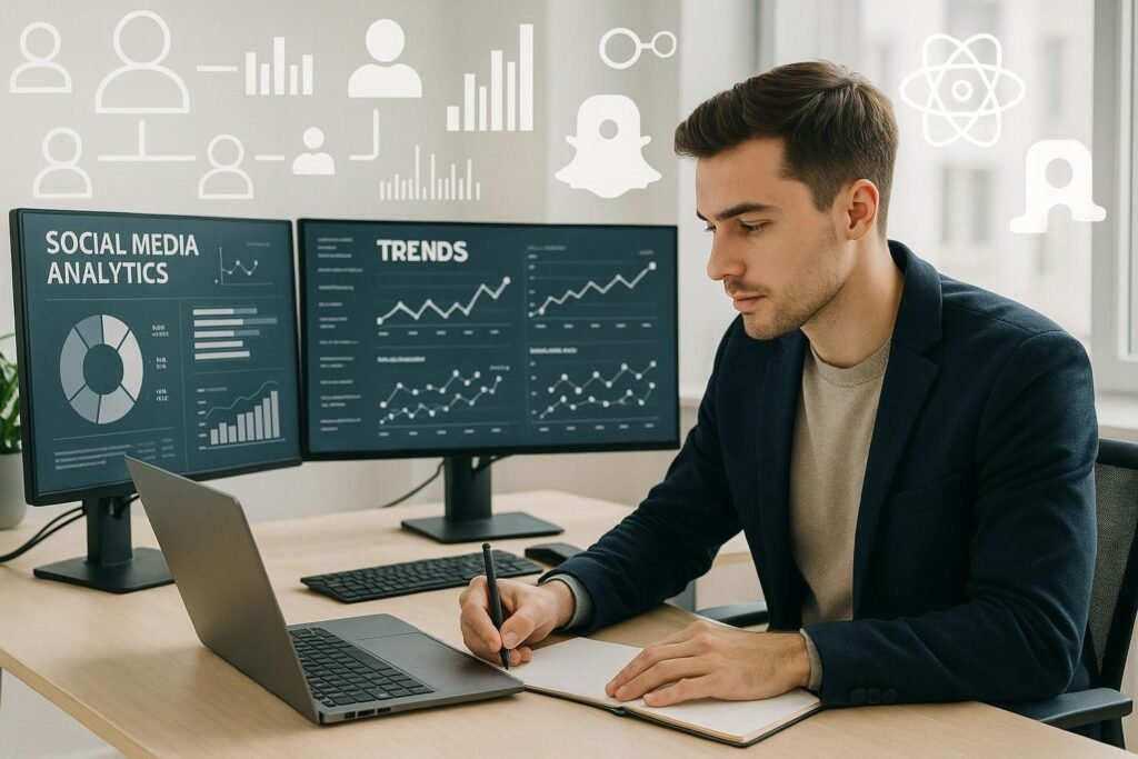 Junger Marketer arbeitet an einem modernen Arbeitsplatz mit mehreren Bildschirmen, Scroll-Datenvisualisierungen und KI-Icons im Hintergrund, Credit: 404 Magazine (Tobias Hager).