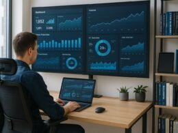 Moderner Büroarbeitsplatz mit hochauflösender Monitorwand, Person arbeitet konzentriert an Laptop, im Hintergrund Regale mit technischen Büchern, Tablets und Smartphone-Hüllen, Darstellung von KPIs und Datenvisualisierungen