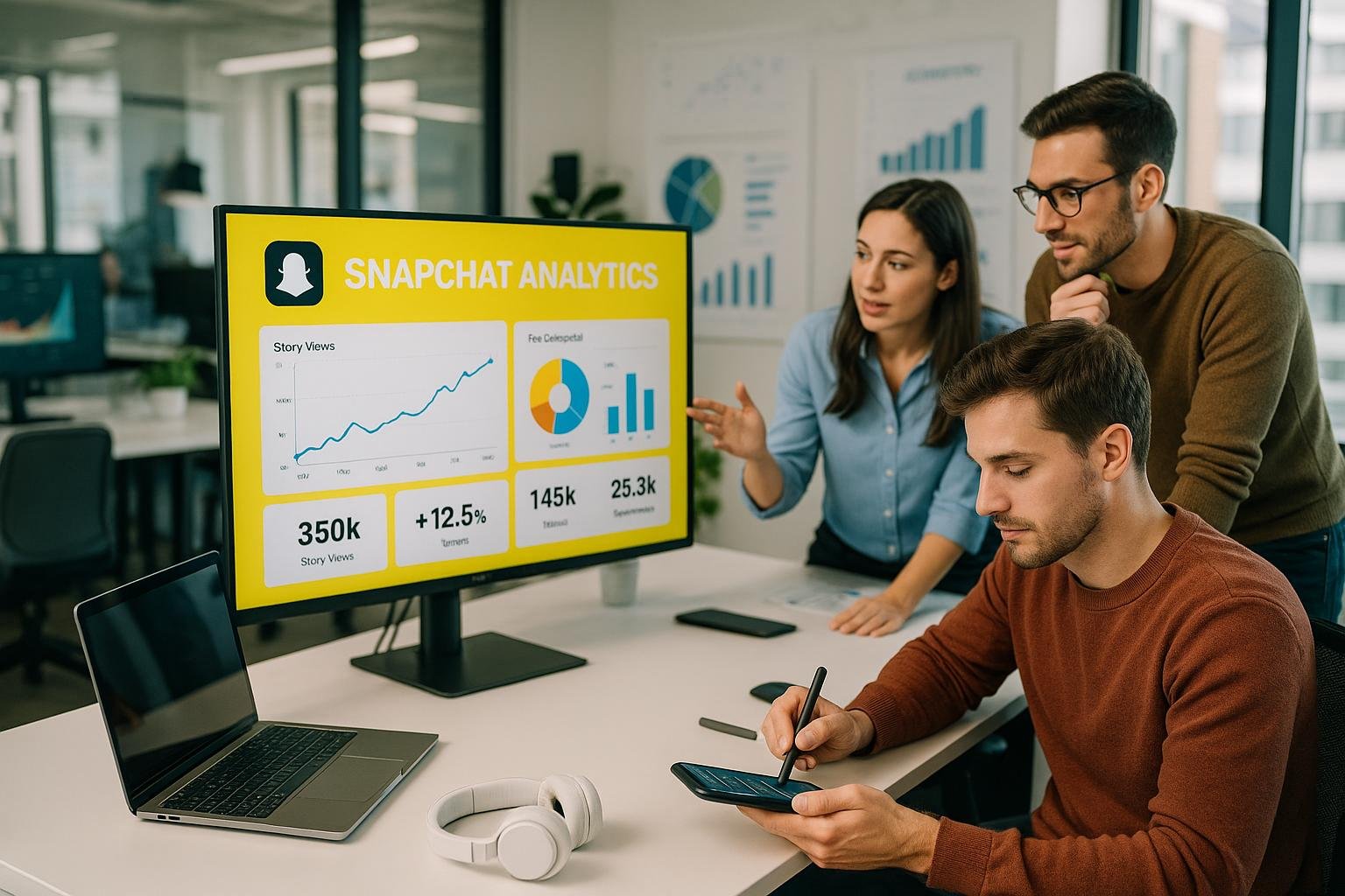 Modernes Büro mit Snapchat-Analysen, Teammitgliedern und technologischen Gadgets, die Daten diskutieren, bei Tageslicht beleuchtet, vermittelt Fokus und Innovation.