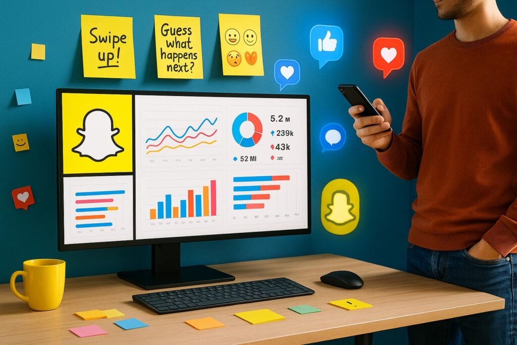 Moderner Arbeitsplatz für Snapchat Content-Erstellung mit Monitor, Sticky Notes und Person, die Smartphone für interaktive Stories nutzt, umgeben von Social Media Icons