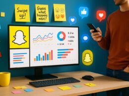 Moderner Arbeitsplatz für Snapchat Content-Erstellung mit Monitor, Sticky Notes und Person, die Smartphone für interaktive Stories nutzt, umgeben von Social Media Icons
