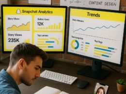 Moderner Arbeitsplatz mit zwei Bildschirmen, Smartphone, AR-Filtern und Skizzen, Person in Casual Kleidung beim Notizenmachen, kreative und dynamische Atmosphäre