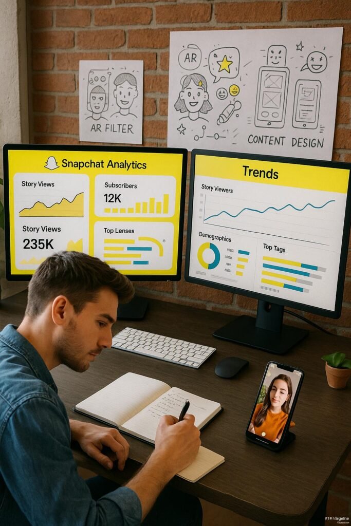 Moderner Arbeitsplatz mit zwei Bildschirmen, Smartphone, AR-Filtern und Skizzen, Person in Casual Kleidung beim Notizenmachen, kreative und dynamische Atmosphäre