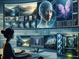 Ein hochmodernes Studio mit einem Designer, der an einem gebogenen Monitor arbeitet, umgeben von sichtbaren GPU-Karten, einem leuchtenden Serverrack und holographischen Schnittstellen, die den Prozess der KI-gestützten Bildverbesserung darstellen.