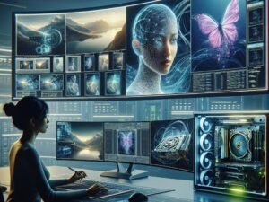 Ein hochmodernes Studio mit einem Designer, der an einem gebogenen Monitor arbeitet, umgeben von sichtbaren GPU-Karten, einem leuchtenden Serverrack und holographischen Schnittstellen, die den Prozess der KI-gestützten Bildverbesserung darstellen.