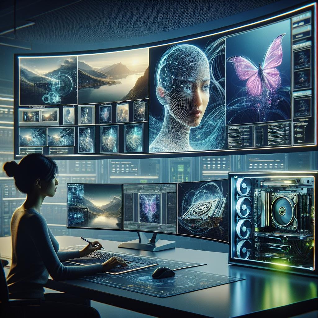 Ein hochmodernes Studio mit einem Designer, der an einem gebogenen Monitor arbeitet, umgeben von sichtbaren GPU-Karten, einem leuchtenden Serverrack und holographischen Schnittstellen, die den Prozess der KI-gestützten Bildverbesserung darstellen.