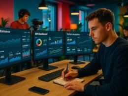 Arbeitsplatz einer Digital-Marketing-Agentur mit Monitoren, Performance-Daten, Teammitgliedern bei der Videoproduktion und kreativer Atmosphäre, Credit: 404 Magazine (Tobias Hager)