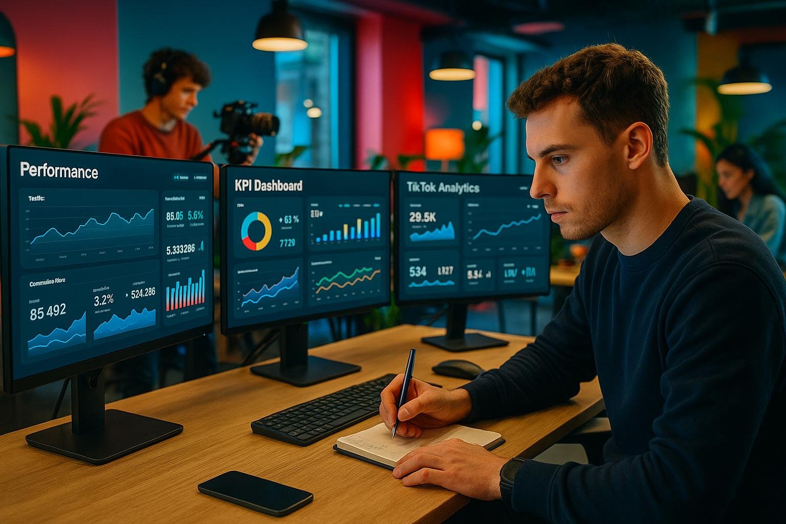 Arbeitsplatz einer Digital-Marketing-Agentur mit Monitoren, Performance-Daten, Teammitgliedern bei der Videoproduktion und kreativer Atmosphäre, Credit: 404 Magazine (Tobias Hager)