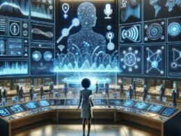 Eine elegante Steuerzentrale mit interaktiven Bildschirmen, holografischer Schnittstelle und Symbolen für Innovation, zeigt die Zukunft der Sprach-KI für Marken.