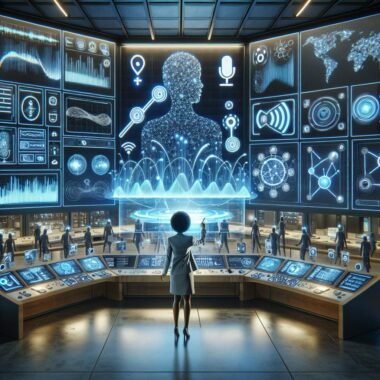 Eine elegante Steuerzentrale mit interaktiven Bildschirmen, holografischer Schnittstelle und Symbolen für Innovation, zeigt die Zukunft der Sprach-KI für Marken.