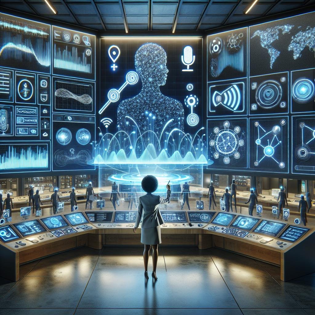 Eine elegante Steuerzentrale mit interaktiven Bildschirmen, holografischer Schnittstelle und Symbolen für Innovation, zeigt die Zukunft der Sprach-KI für Marken.