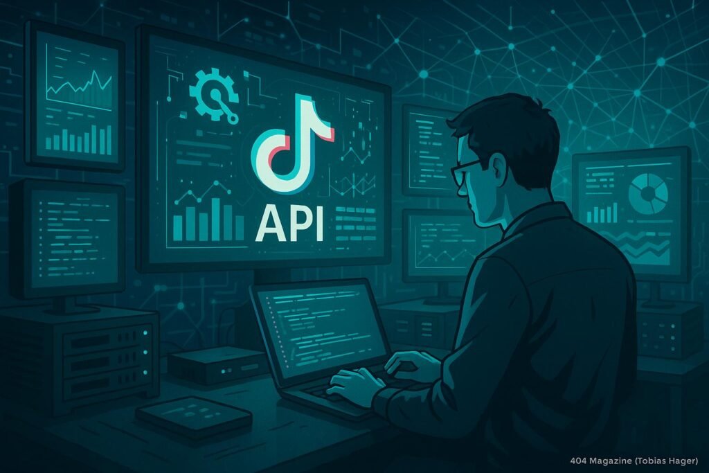 Futuristischer Kontrollraum mit Screens, Entwickler am Laptop, technische Geräte und Server, digitale Linien und Netzwerke im Hintergrund, symbolisieren das TikTok API-Framework. Credit: 404 Magazine (Tobias Hager).