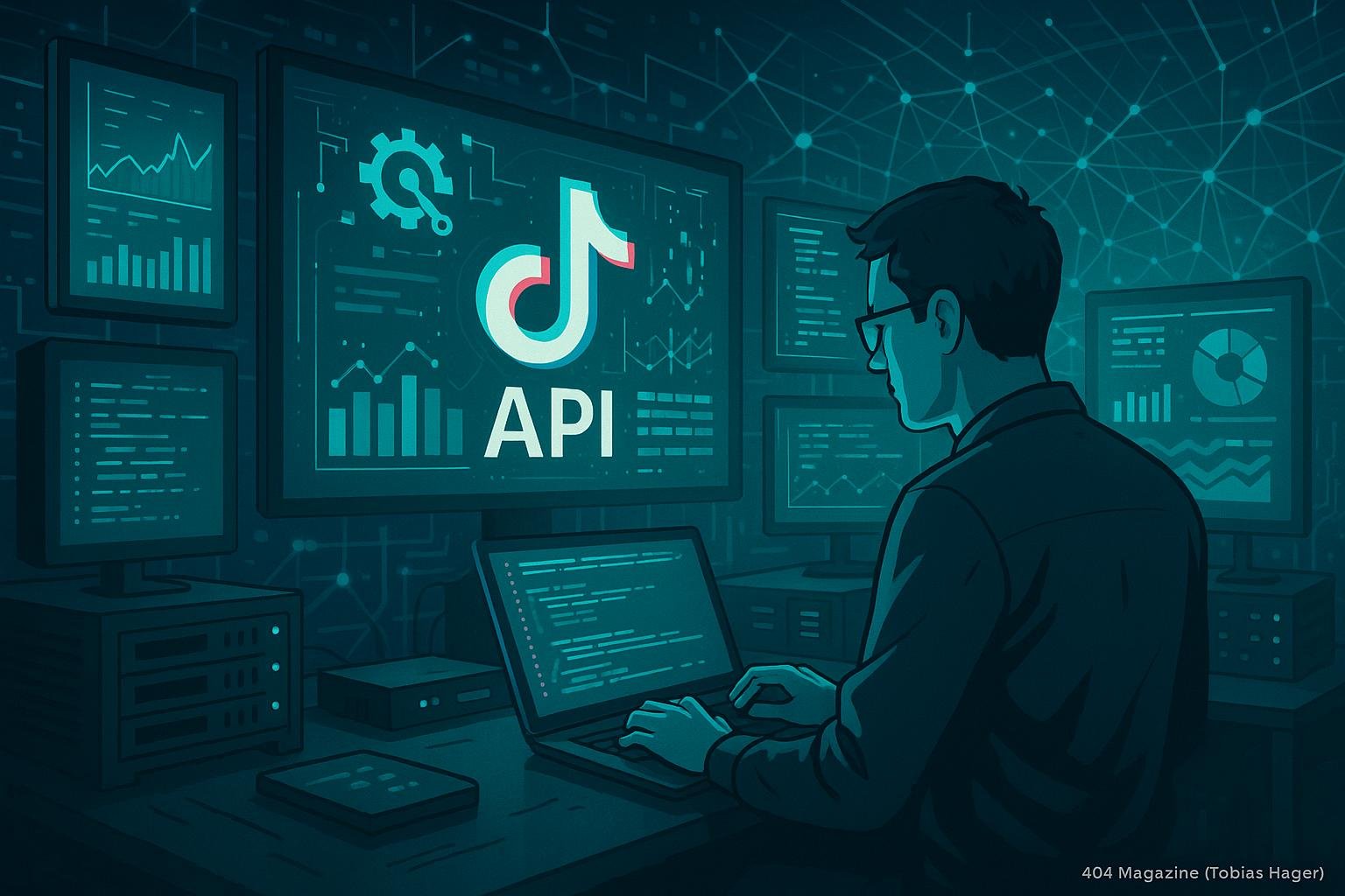 Futuristischer Kontrollraum mit Screens, Entwickler am Laptop, technische Geräte und Server, digitale Linien und Netzwerke im Hintergrund, symbolisieren das TikTok API-Framework. Credit: 404 Magazine (Tobias Hager).
