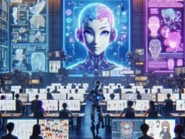 Futuristische Anime-Produktion mit humanoidem Roboter, AI-Tools und kreativen Künstlern in einer digitalen Werkstatt, beleuchtet von Neonlichtern, mit holografischen Schnittstellen und neuronalen Netzwerken im Hintergrund.