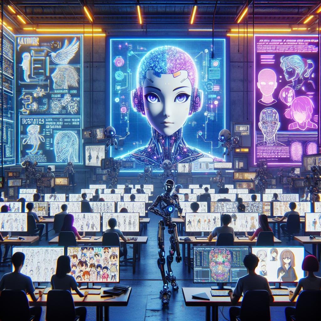 Futuristische Anime-Produktion mit humanoidem Roboter, AI-Tools und kreativen Künstlern in einer digitalen Werkstatt, beleuchtet von Neonlichtern, mit holografischen Schnittstellen und neuronalen Netzwerken im Hintergrund.