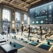Modernes Fitnessstudio in Marburg mit KI-gestützten Geräten, Smart Wearables und digitalen Analysebildschirmen