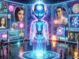 Futuristische KI-Charaktere auf einer digitalen Bühne mit Netzwerken im Hintergrund, symbolisieren Innovation im Online-Marketing, Credit: 404 Magazine (Tobias Hager)