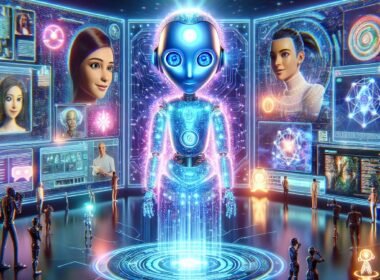 Futuristische KI-Charaktere auf einer digitalen Bühne mit Netzwerken im Hintergrund, symbolisieren Innovation im Online-Marketing, Credit: 404 Magazine (Tobias Hager)